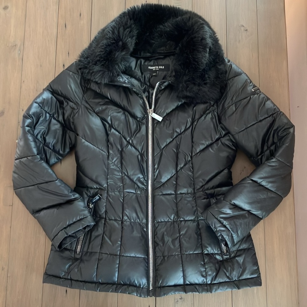 Kenneth Cole New York Womens Quilted Midi Puffer Coat Black Size S